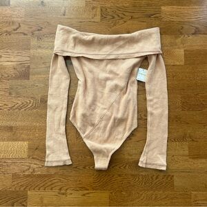 NWT Free People Intimately Cozy Bodysuit Top S Soft Toasted Beige Off Shoulder